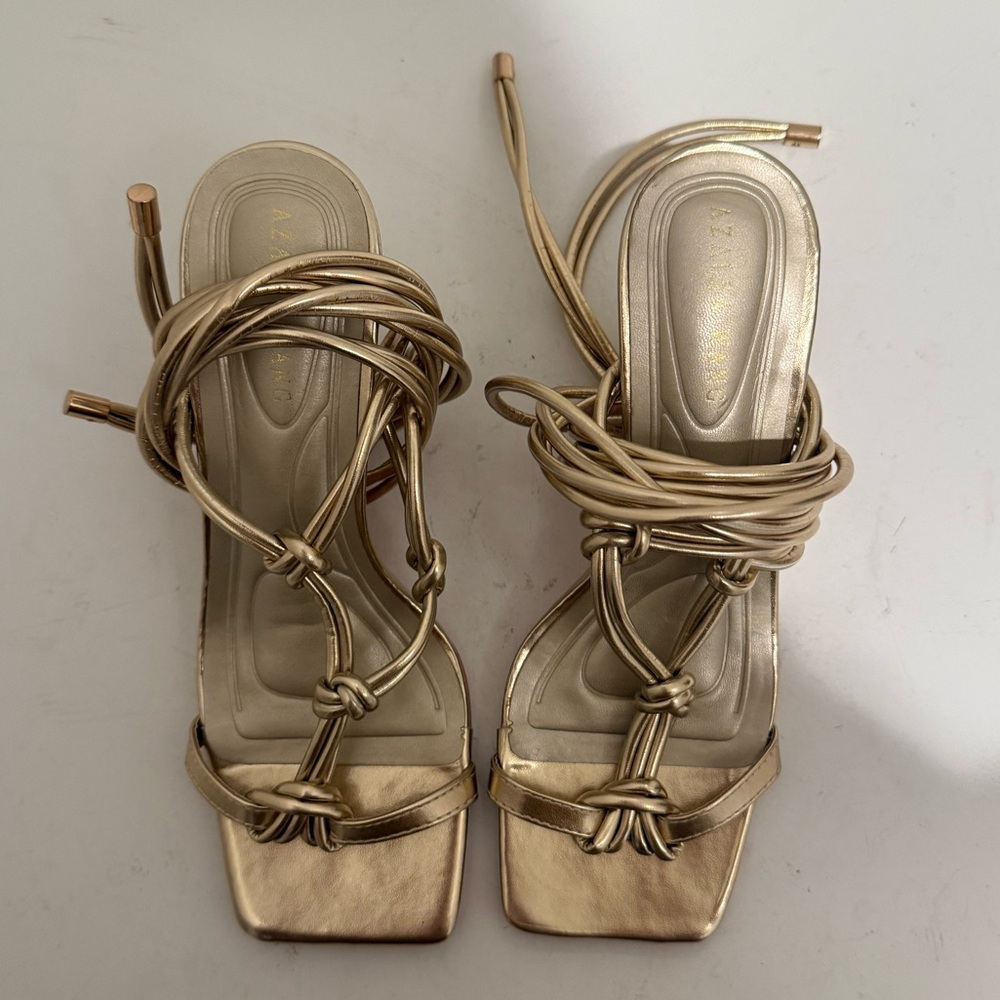 AZALEA WANG Stupendous Gold Ankle Wrap Lace Up High Linking Heel Sandal Size 6.5 - Picture 5 of 15